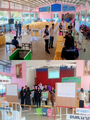 อบต.นาภู ช่วยกันจัดเตรียมสถานที่หอประชุมโรงเรียนนาภูพิทยาคม และชักซ้อมเจ้าหน้าที่ประจุดเพื่อใช้ในการอบรมคณะกรรมการการเลือกตั้งประจำหน่วย ตำบลนาภู