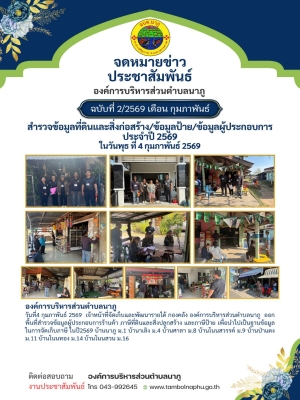 เจ้าหน้าที่จัดเก็บและพัฒนารายได้ กองคลัง องค์การบริหารส่วนตำบลนาภู ออกพื้นที่สำรวจข้อมูลผู้ประกอบการร้านค้า ภาษีที่ดินและสิ่งปลูกสร้าง และภาษีป้าย