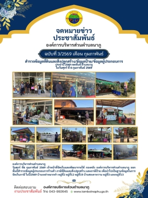 ออกพื้นที่สำรวจข้อมูลผู้ประกอบการร้านค้า ภาษีที่ดินและสิ่งปลูกสร้าง และภาษีป้าย เพื่อนำไปเป็นฐานข้อมูลในการจัดเก็บภาษี ในปี2569